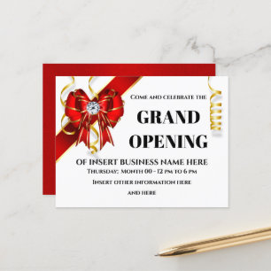 Business grand opening red gold bow ribbon guests announcement postcard