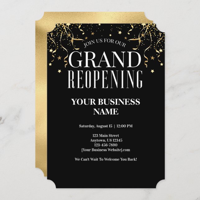 Business Grand Reopening Faux Gold Confetti Stars Invitation (Front/Back)