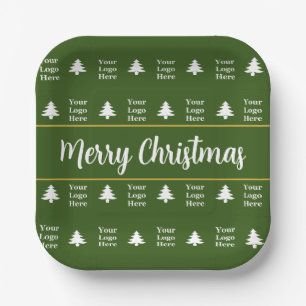 Business Green White Christmas Trees Your Logo Paper Plate