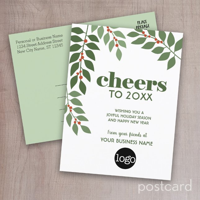 Business Greeting with botanical leaves and logo - Holiday Postcard (Business Holiday Postcard)