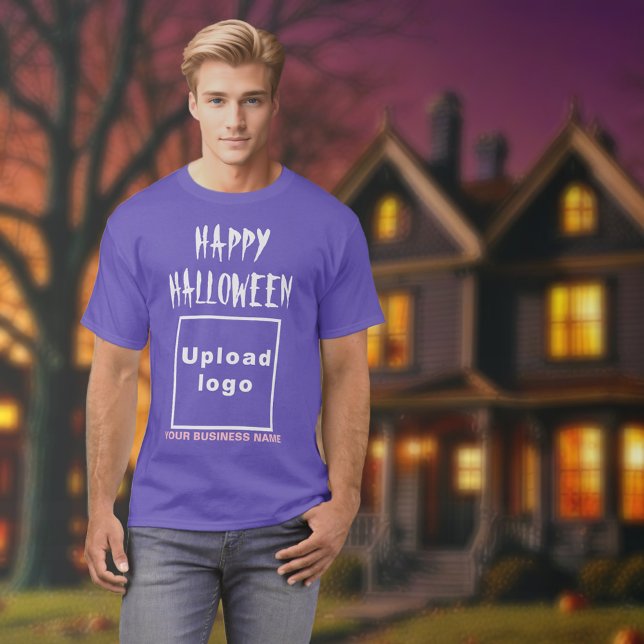 Business Halloween Greeting on Purple T-Shirt (Halloween greeting, business name and logo on purple t-shirt)