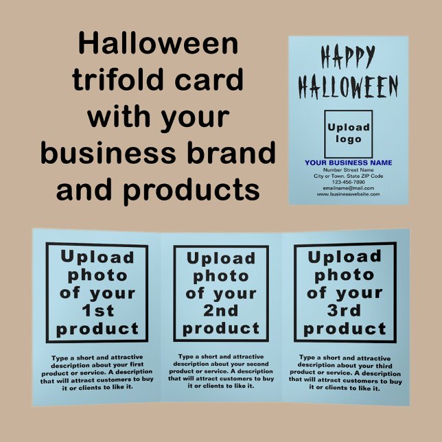 Business Halloween Light Blue Trifold Card (Halloween light blue trifold card with your business brand and products or services.)