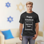 Business Hanukkah Greeting on Black T-Shirt<br><div class="desc">Happy Hanukkah! Wishing you joy, peace and blessing this festival of lights. Holiday to celebrate this December and to advertise also your business. Black t-shirt with Hanukkah greeting, your business name and logo. T-Shirt that you can include in your promotional products, giveaway items or gifts to your customers or clients...</div>