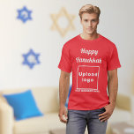 Business Hanukkah Greeting on Red T-Shirt<br><div class="desc">Happy Hanukkah! Wishing you joy, peace and blessing this festival of lights. Holiday to celebrate this December and to advertise also your business. Red t-shirt with Hanukkah greeting, your business name and logo. T-Shirt that you can include in your promotional products, giveaway items or gifts to your customers or clients...</div>