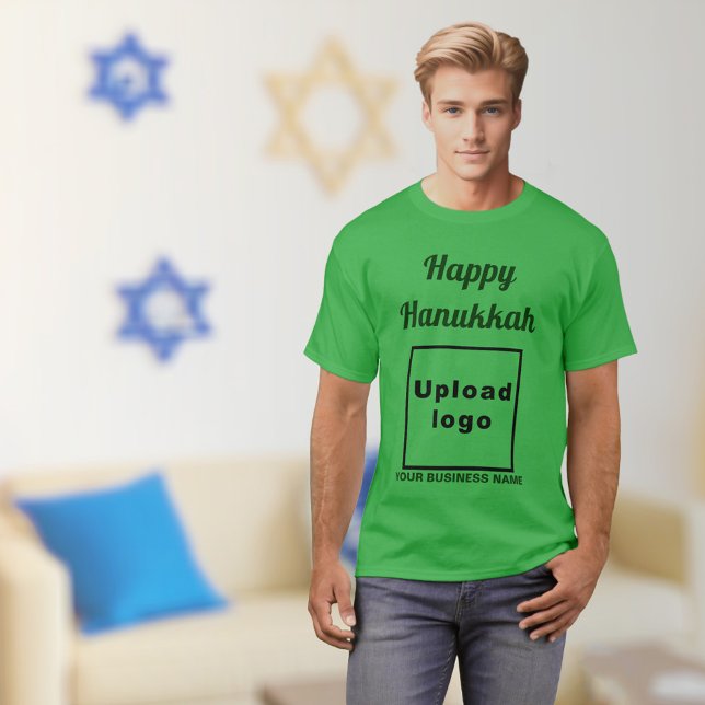 Business Hanukkah Greeting on Shamrock Green T-Shirt (Hanukkah greeting, business name and logo on shamrock green t-shirt)