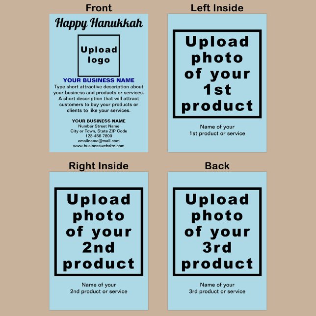 Business Hanukkah Light Blue Folded Greeting Card (Light blue Hanukkah folded greeting card with your business brand and products or services.)