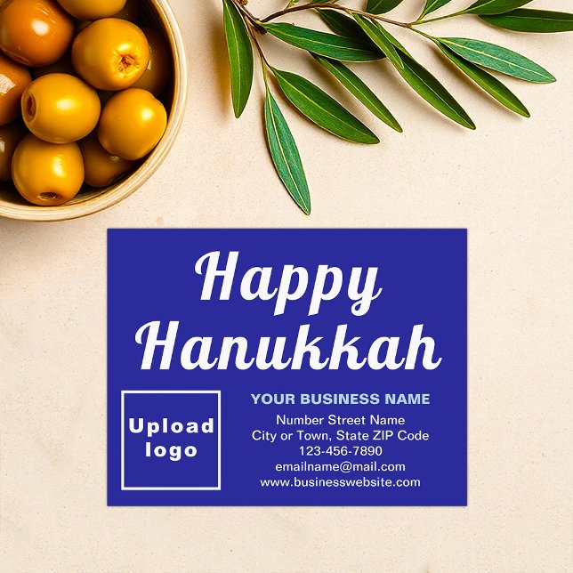 Business Hanukkah Small Blue Flat Holiday Card (Business brand with Hanukkah greeting on blue flat holiday card)