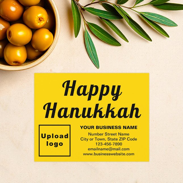 Business Hanukkah Small Yellow Flat Holiday Card (Business brand with Hanukkah greeting on yellow flat holiday card)
