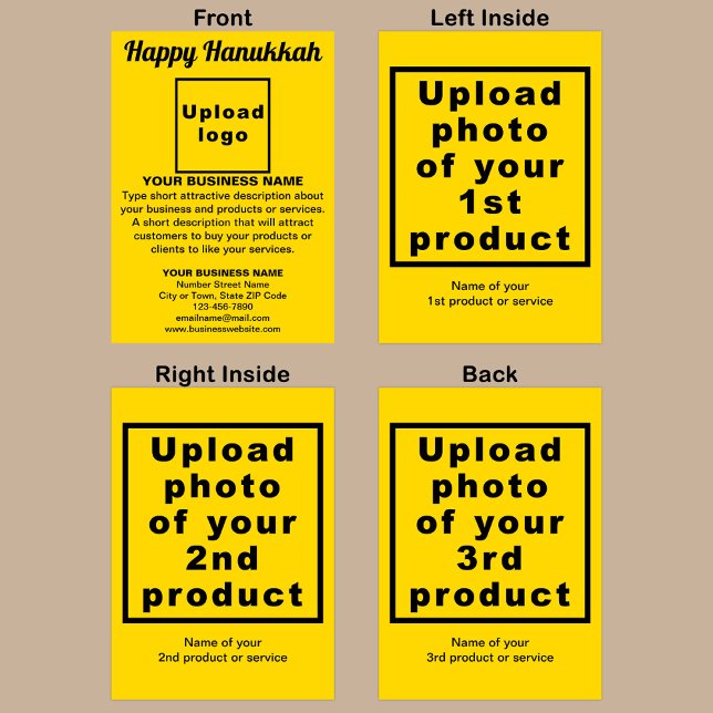 Business Hanukkah Yellow Folded Greeting Card (Yellow Hanukkah folded greeting card with your business brand and products or services.)