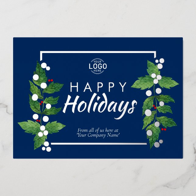 Business Happy Holidays Blue Real Silver Foil Card (Front)