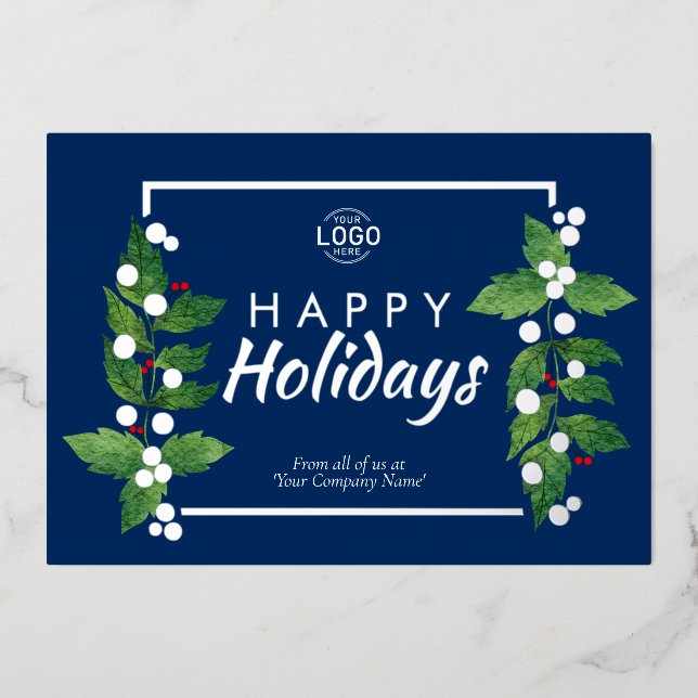 Business Happy Holidays Blue Real Silver Foil Card (Front)