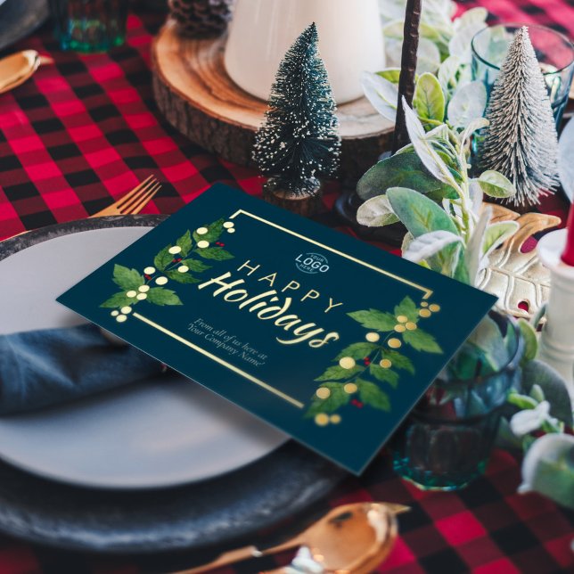 Business Happy Holidays Teal Real Gold Foil Card (Creator Uploaded)