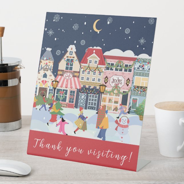  Business Holiday Christmas Town Whimsy Thank You Pedestal Sign (In SItu)