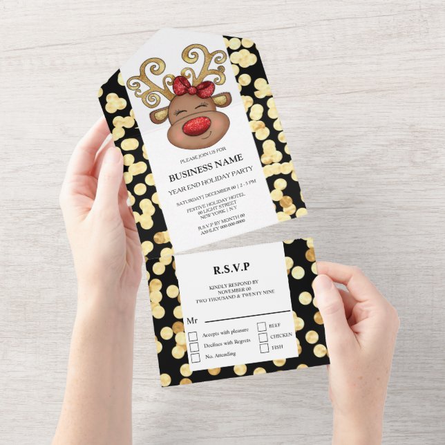Business holiday party red gold black elegant deer all in one invitation (Tearaway)