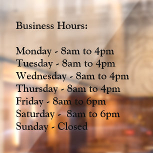 Business Hours - Black Transparent Window Cling