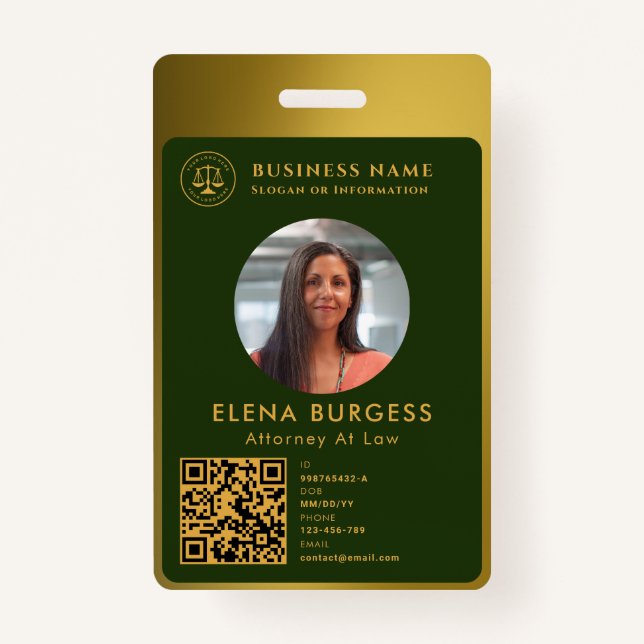 Business ID Logo | Attorney Dark Green Gold ID Badge (Front)