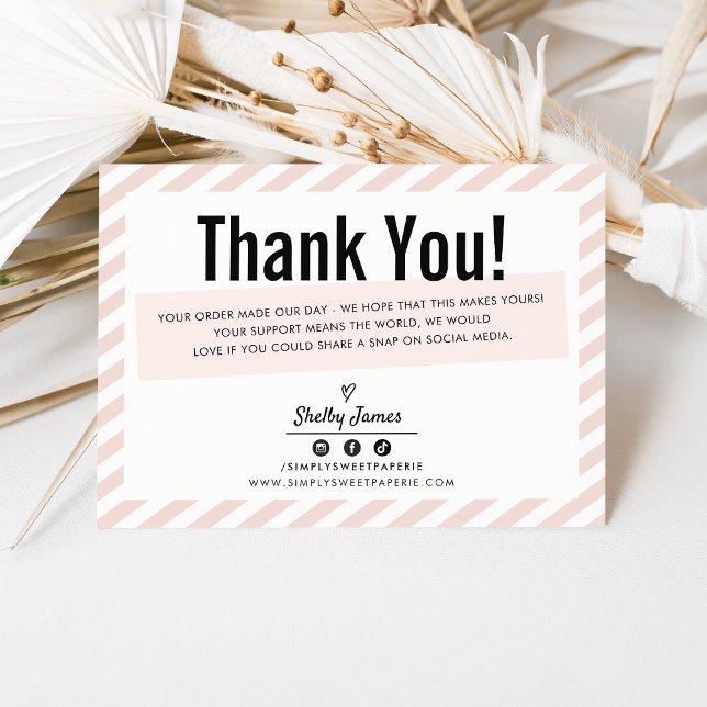 BUSINESS INSERT modern minimal stripe blush pink Thank You Card (Creator Uploaded)