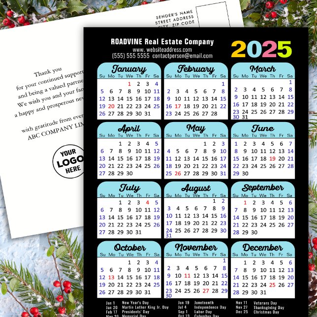 Business Logo 2025 Calendar Black Blue Minimalist Holiday Postcard (Creator Uploaded)