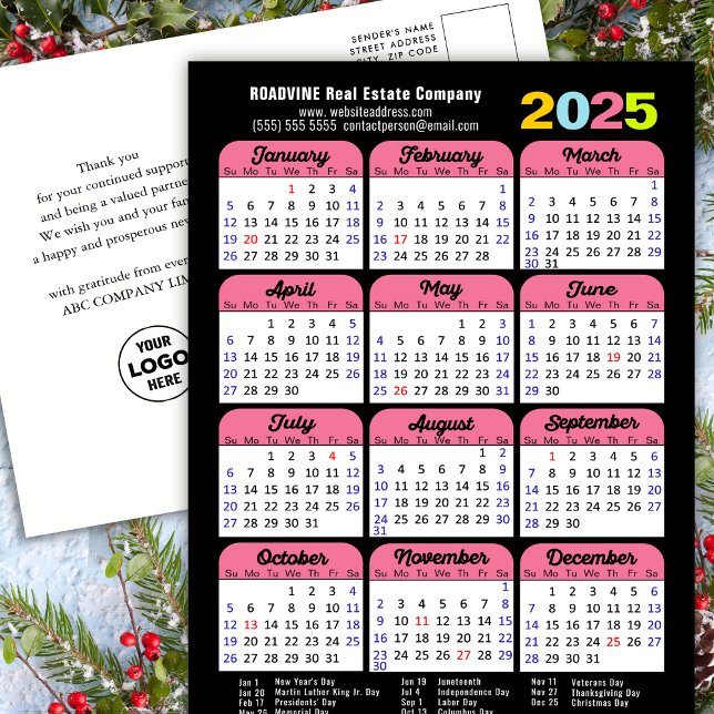 Business Logo 2025 Calendar Black Pink Minimalist Holiday Postcard (Creator Uploaded)