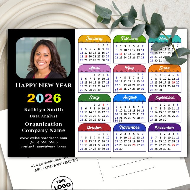 Business Logo 2026 Calendar Modern Black Colourful Holiday Postcard (Creator Uploaded)