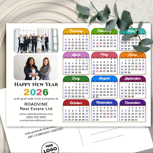 Business Logo 2026 Calendar Modern Black Colourful Holiday Postcard (Creator Uploaded)