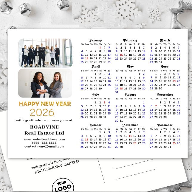 Business Logo 2026 Calendar Modern Gold Glitter Holiday Postcard (Creator Uploaded)