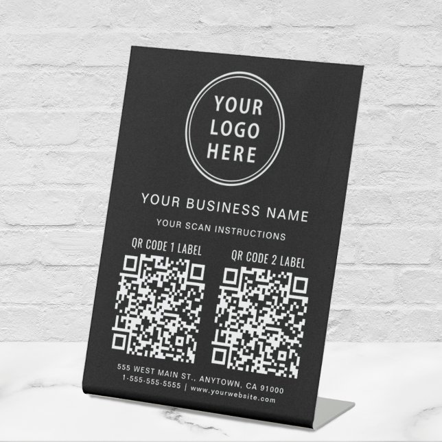 Business Logo 2 QR Codes Black Pedestal Sign (Creator Uploaded)