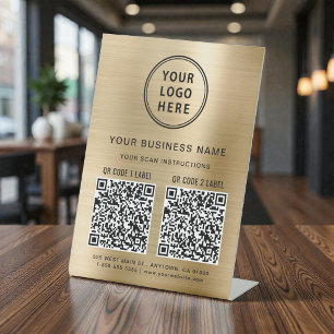 Business Logo 2 QR Codes Gold Pedestal Sign