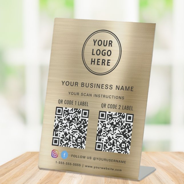 Business Logo 2 QR Codes Social Media Gold Pedestal Sign (Creator Uploaded)