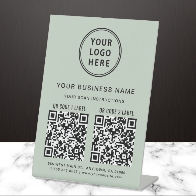 Business Logo 2 QR Codes Social Media Sage Green Pedestal Sign (Creator Uploaded)