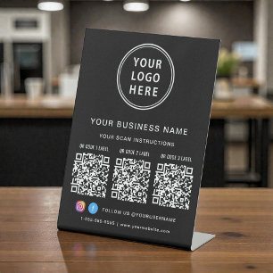 Business Logo 3 QR Codes Social Media Black Pedestal Sign