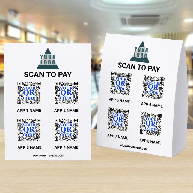 Business Logo 5x7 QR Code 8 Apps Scan To Pay (These 5 x 7 scan to pay paper table tents are easy to customize. 8 slots for payment apps.)