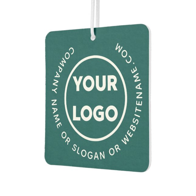 Business Logo and Custom Curved Text on Blue Green Car Air Freshener (Left)
