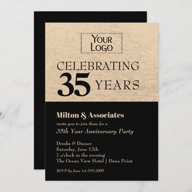 Business Logo Anniversary Black and Gold Invitation (Front/Back)