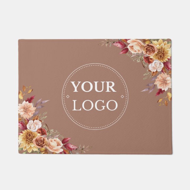 Business Logo  Autumn Floral Brown Promotional Doormat (Front)
