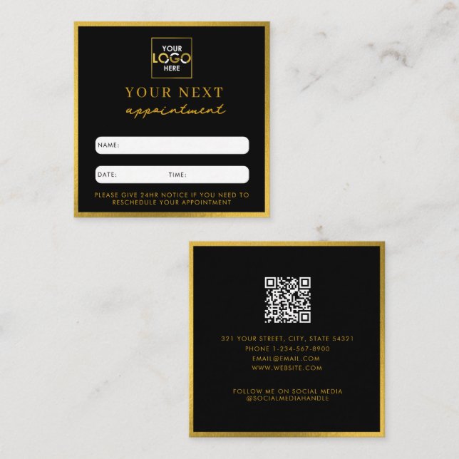 Business Logo Beauty Appointment Card Black Gold (Front/Back)