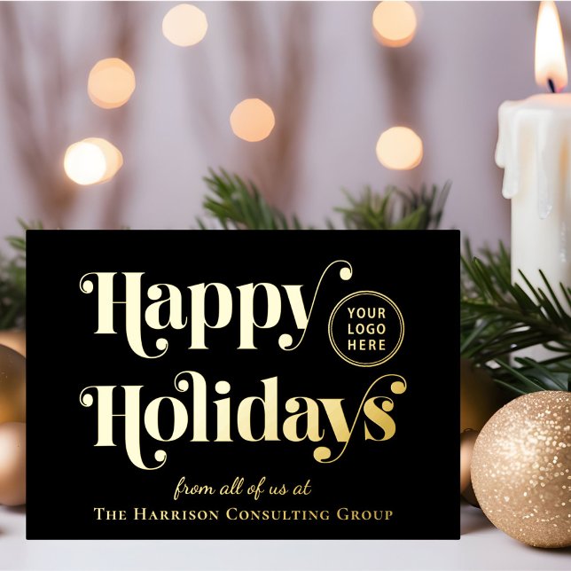 Business Logo Black Christmas Gold Foil Holiday Card (Creator Uploaded)