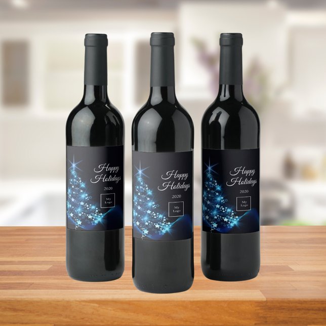 Business logo Christmas black blue modern tree Wine Label (Creator Uploaded)