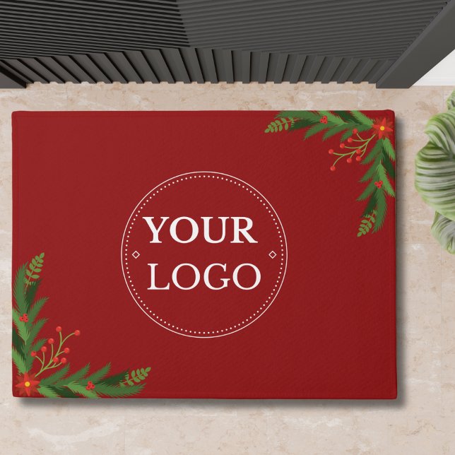 Business Logo Christmas Floral Red Doormat (Creator Uploaded)