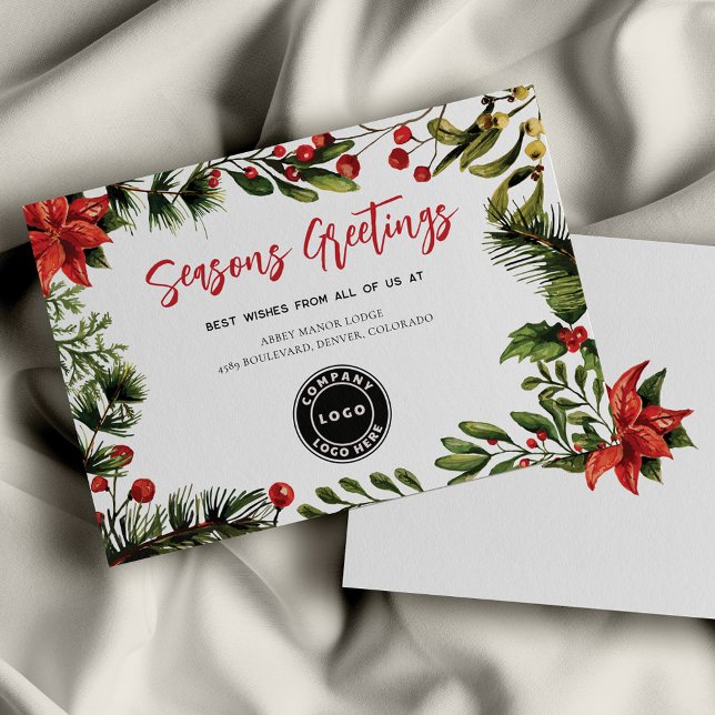 Business Logo Christmas Holidays Corporate Holiday Card (Red Berries Business Logo Poinsettia Christmas Script Corporate Holiday Card)