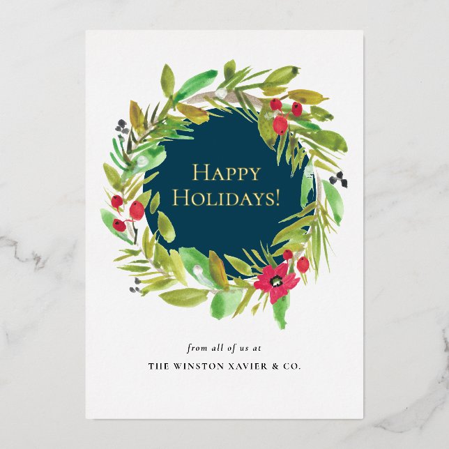 Business Logo Christmas Modern watercolor Wreath Foil Holiday Card (Front)