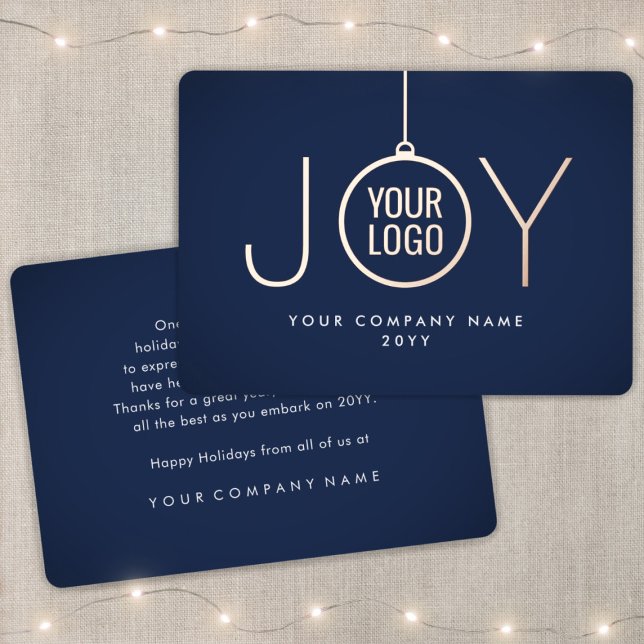 Business Logo Christmas Ornament Navy Blue JOY Foil Holiday Card (Creator Uploaded)