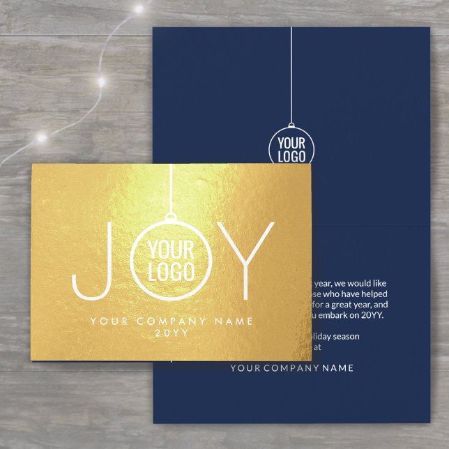 Business Logo Christmas Ornament Navy Holiday JOY Foil Card (Creator Uploaded)