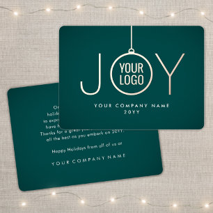 Business Logo Christmas Ornament Teal Green JOY Foil Holiday Card