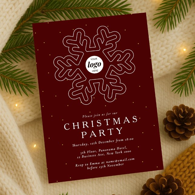 Business Logo Christmas Party Red Corporate Invitation (Company Christmas Party Invitation in red and white with snowflake detail and your logo)