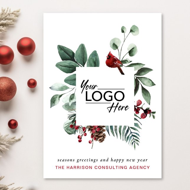 Business Logo Christmas Red Cardinal Holiday Card (Spread the joy of the season and strengthen business relationships with our elegant holiday card)