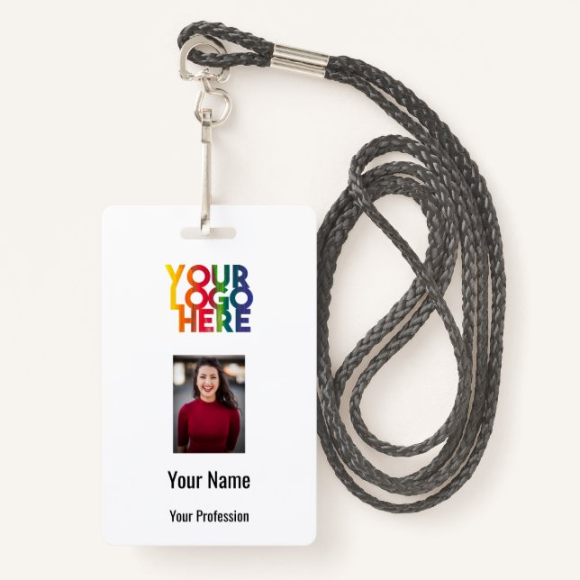 Business Logo Custom Employee Photo Barcode Name ID Badge (Front with Lanyard)