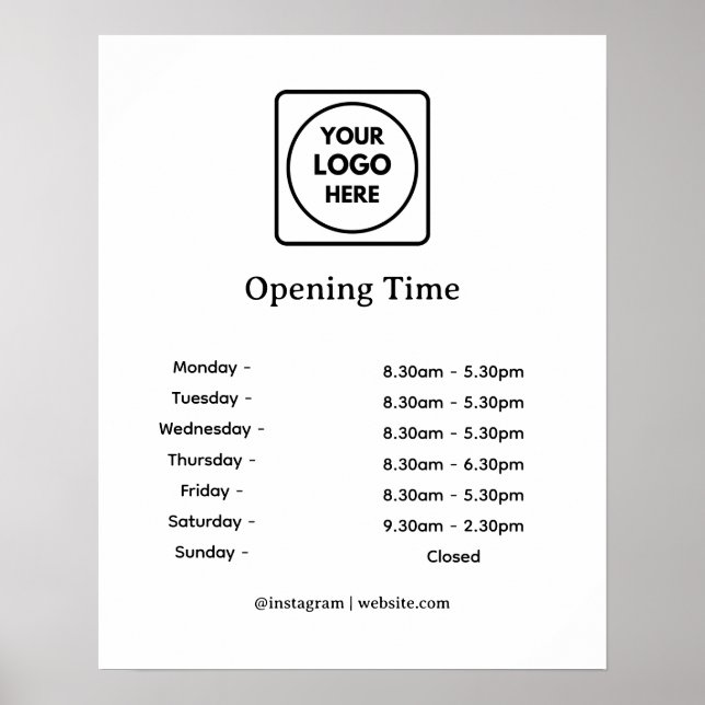 Business Logo | Custom Opening Times Display Poster (Front)