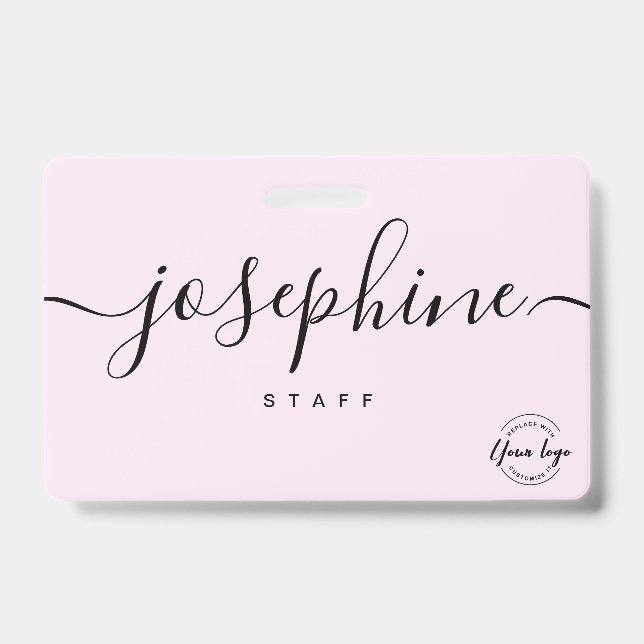 Business logo Custom script name pink staff ID Badge (Front)