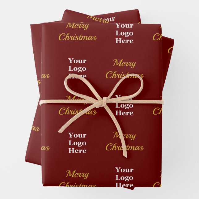 Business Logo Dark Red Gold Merry Christmas Script Wrapping Paper Sheet (In situ)